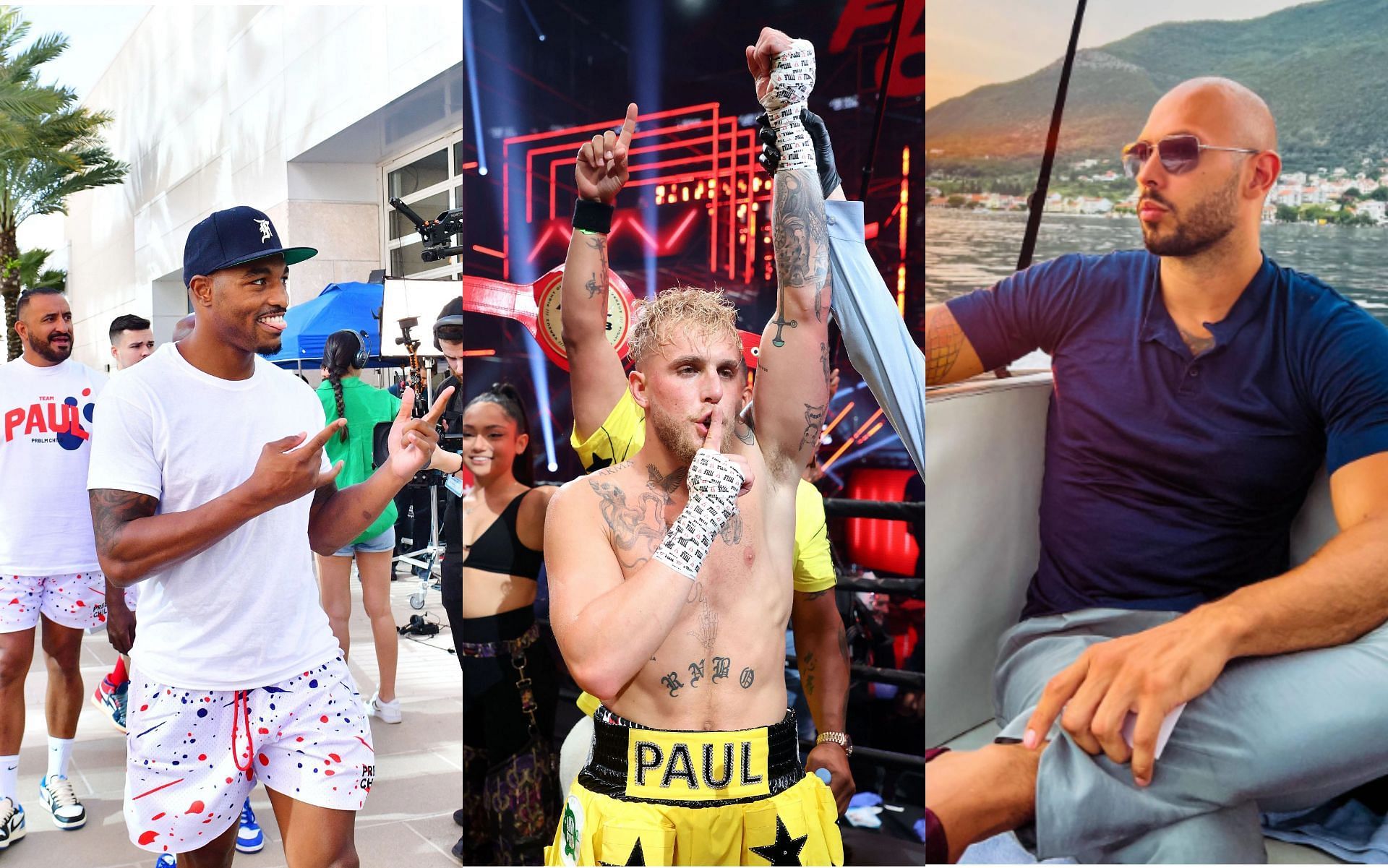 J&#039;Leon Love (L), Jake Paul (M), and Andrew Tate (R) [ Images via Getty, @CobraTate on Instagram].