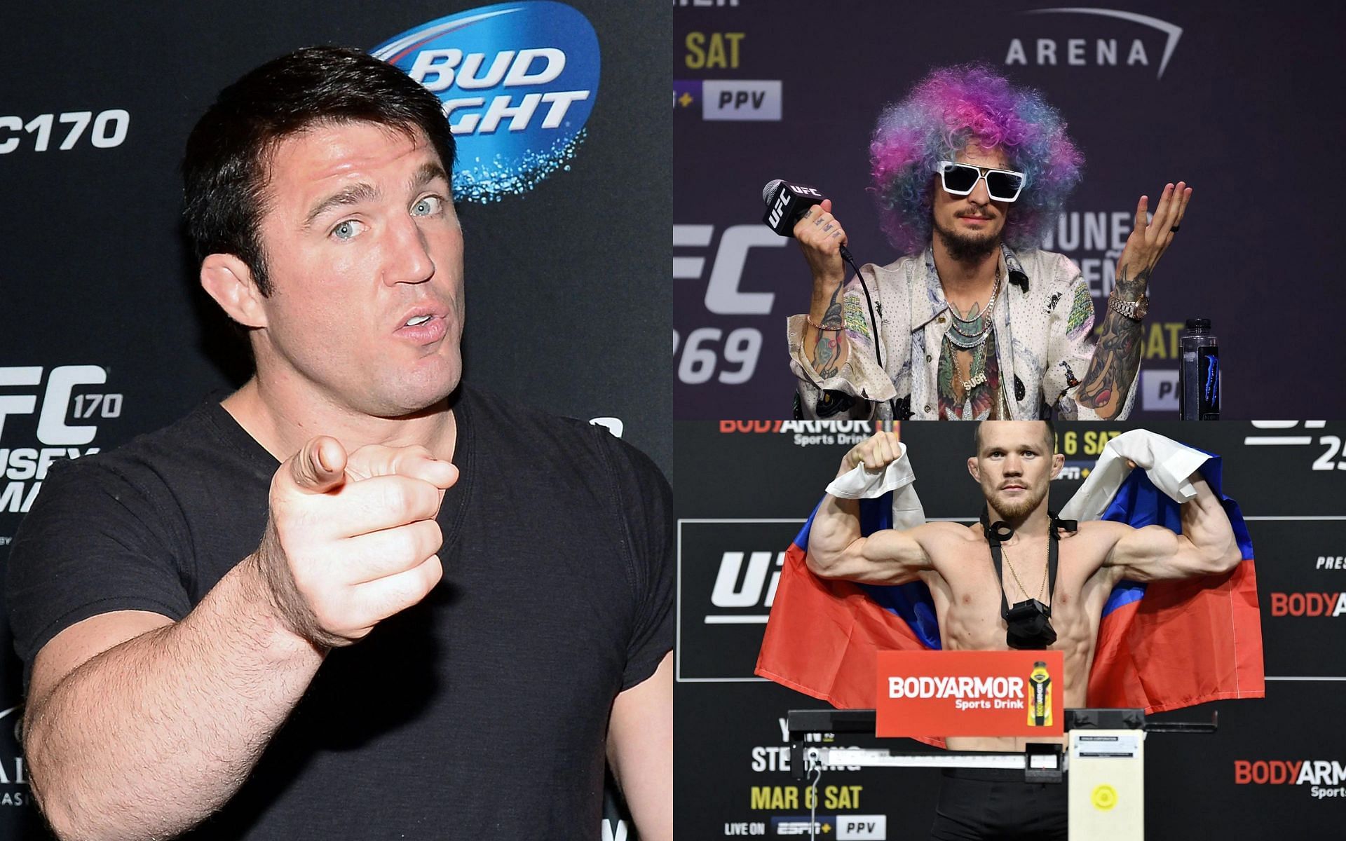 Chael Sonnen (Left), Sean O&#039;Malley (Top Left) and Petr Yan (Bottom Right) (Images courtesy of Getty)