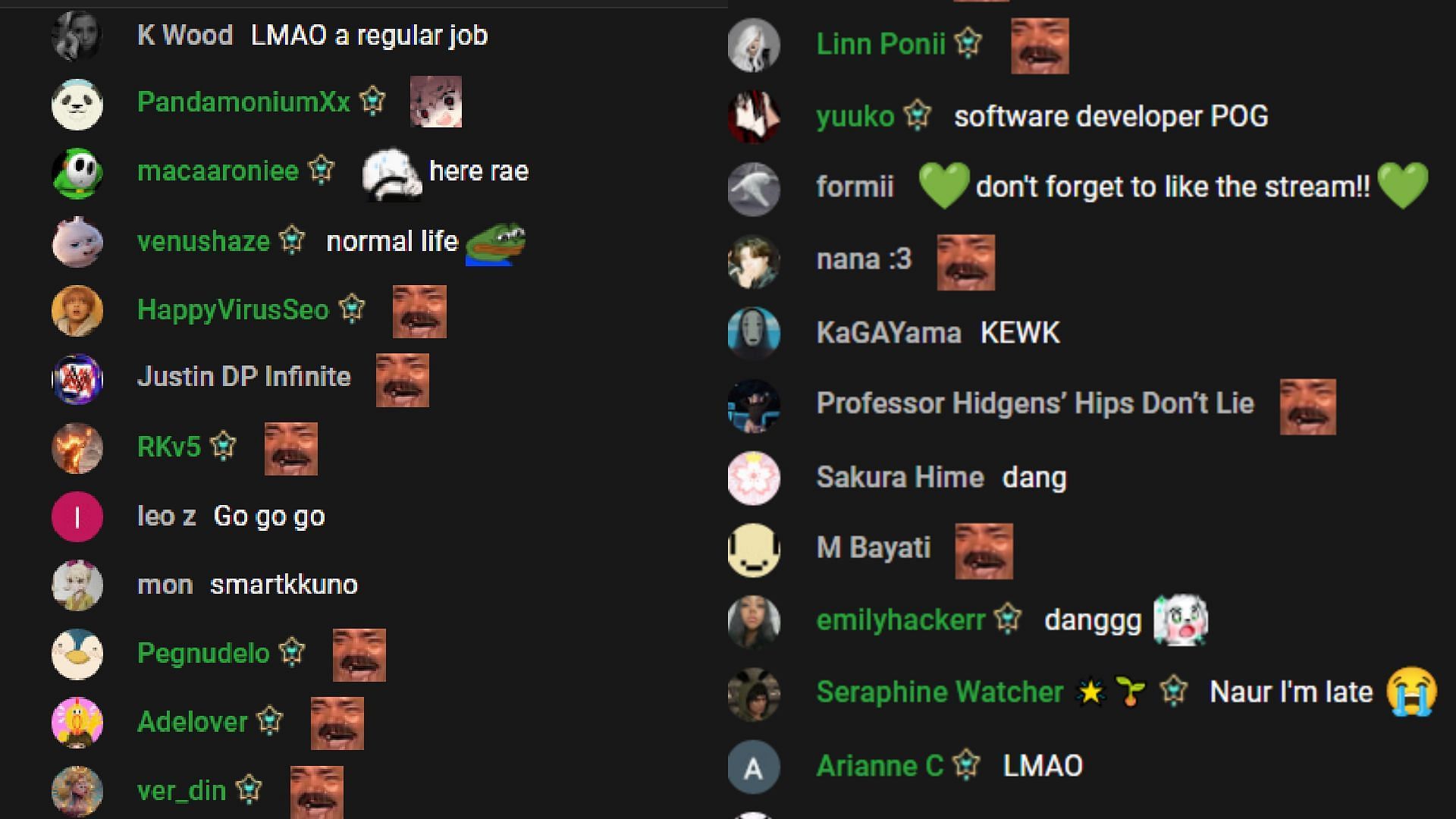 Chat reactions to the streamer revealing his last job (Image via Sykkuno/YouTube)