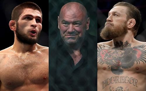 L-R: Khabib Nurmagomedov, Dana White, Conor McGregor