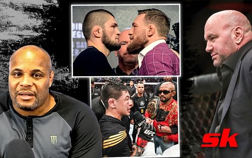 (Clockwise) Daniel Cormier, Khabib Nurmagomedov vs. Conor McGregor, Dana White, Brandon Moreno vs. Deiveson Figueiredo [Images via Daniel Cormier on YouTube and @ufc on Instagram]