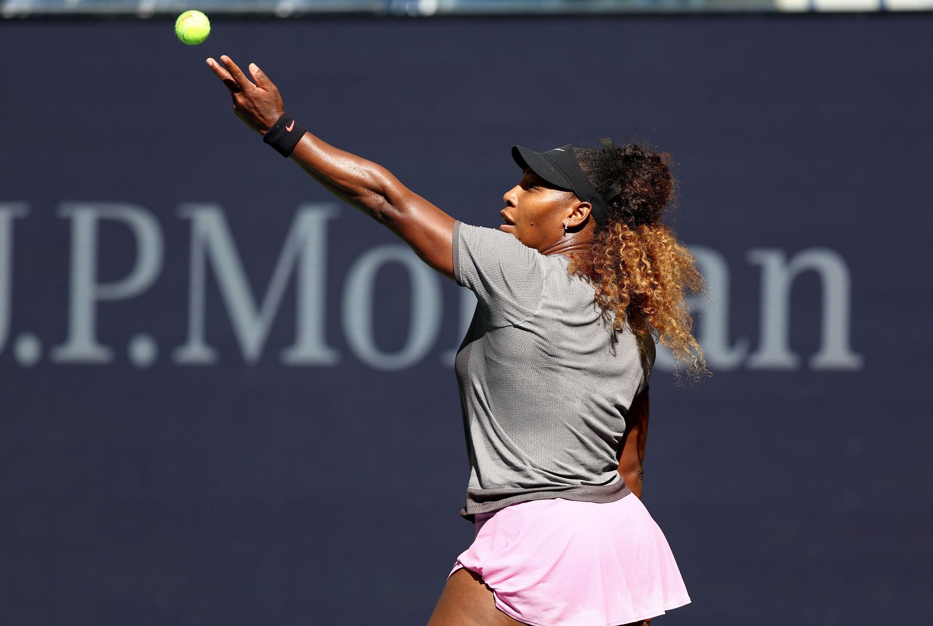 Serena Williams serves during her practice session in the US Open