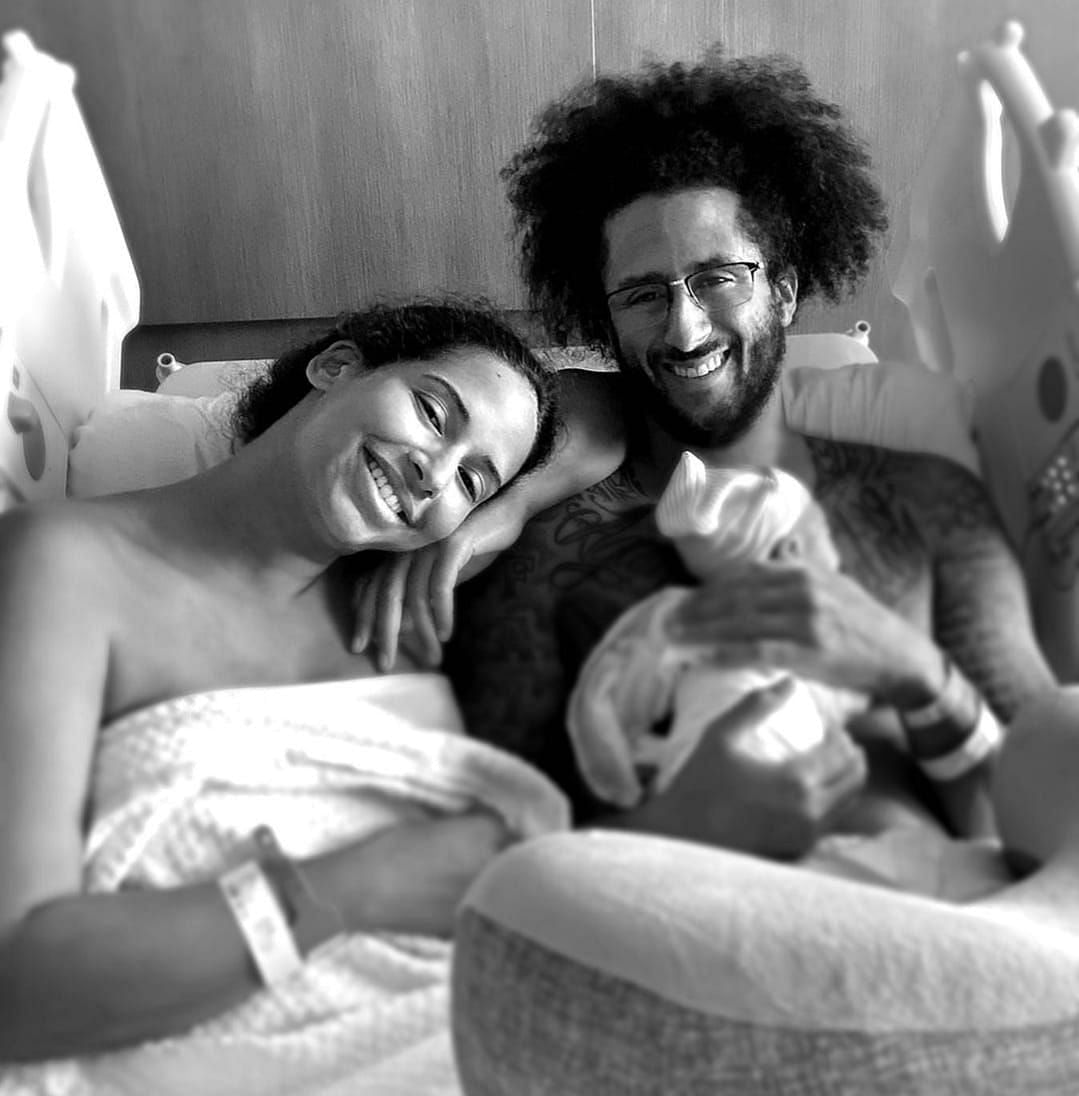 Colin Kaepernick (left) alongside his long-term girlfriend Nessa Diab announce the birth of their first child together 