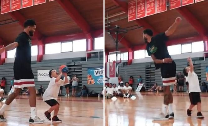Video: Hilarity ensues as Jayson Tatum viciously blocks son Deuce's attempt at layup in front of a crowd of young kids