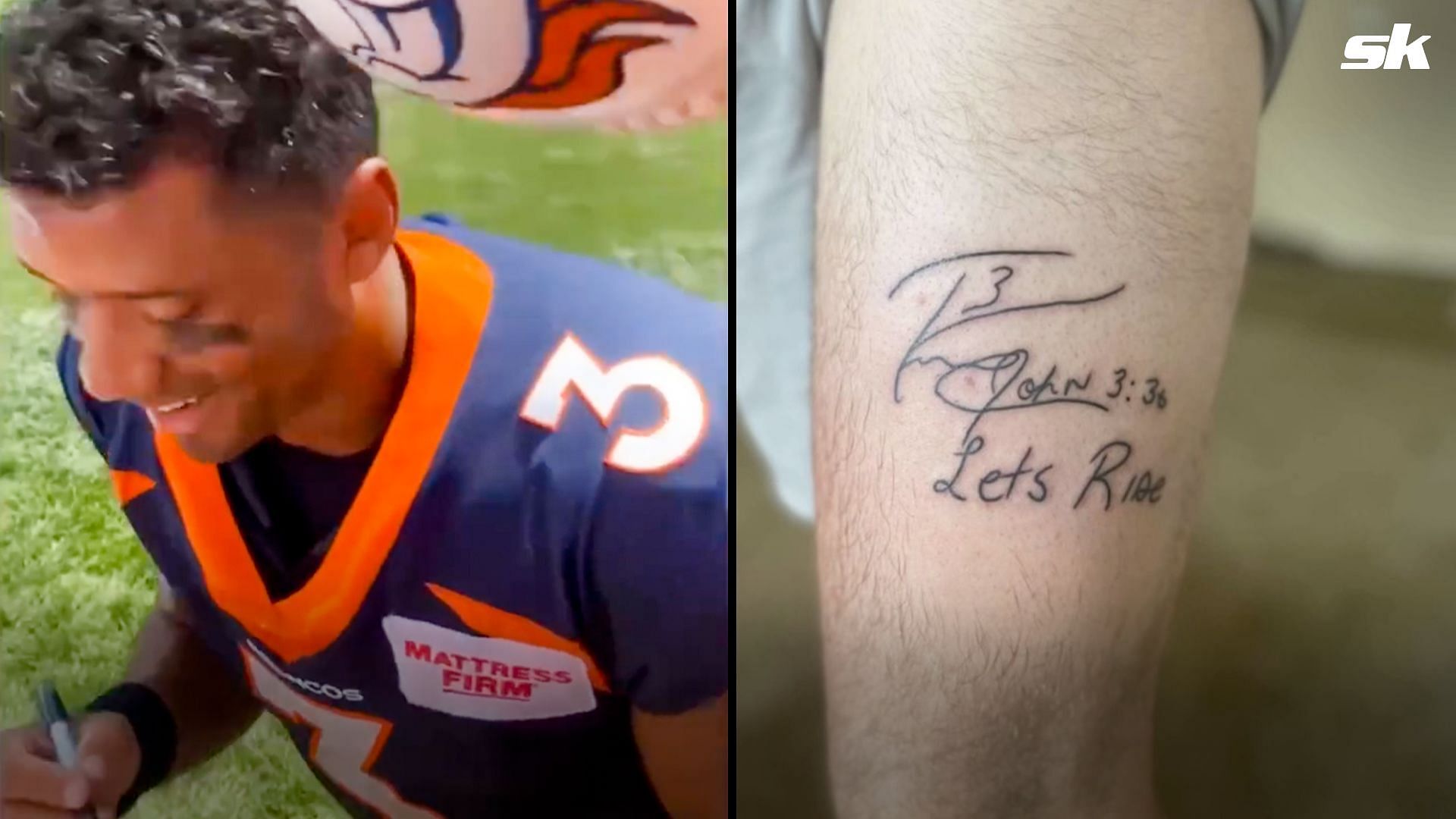A superfan tattoed Russell Wilson autorgraph on his leg