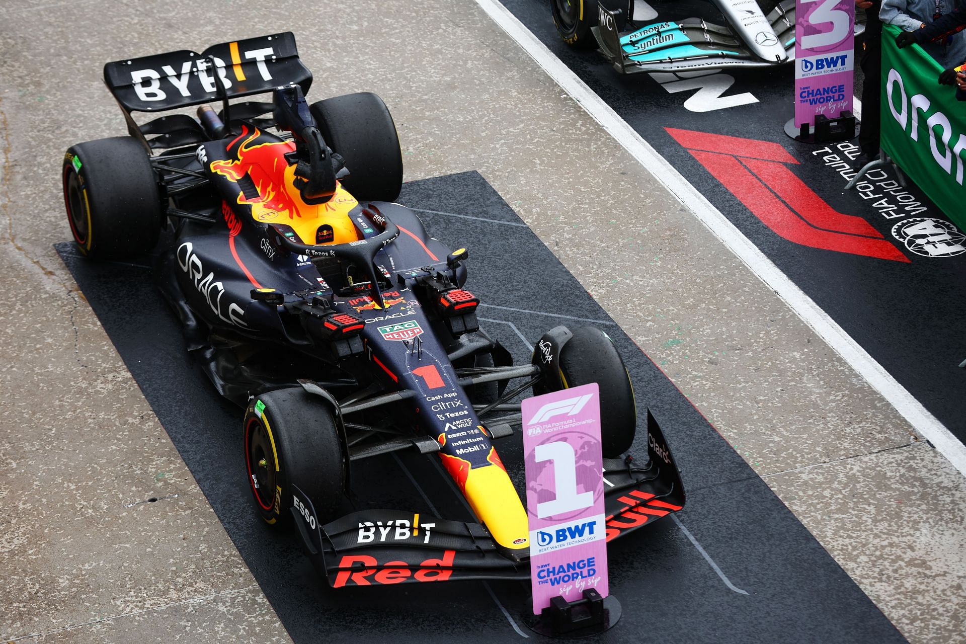 Max Verstappen&#039;s Red Bull RB18 in parc-ferme after winning the 2022 F1 Hungarian GP. (Photo by Mark Thompson/Getty Images)