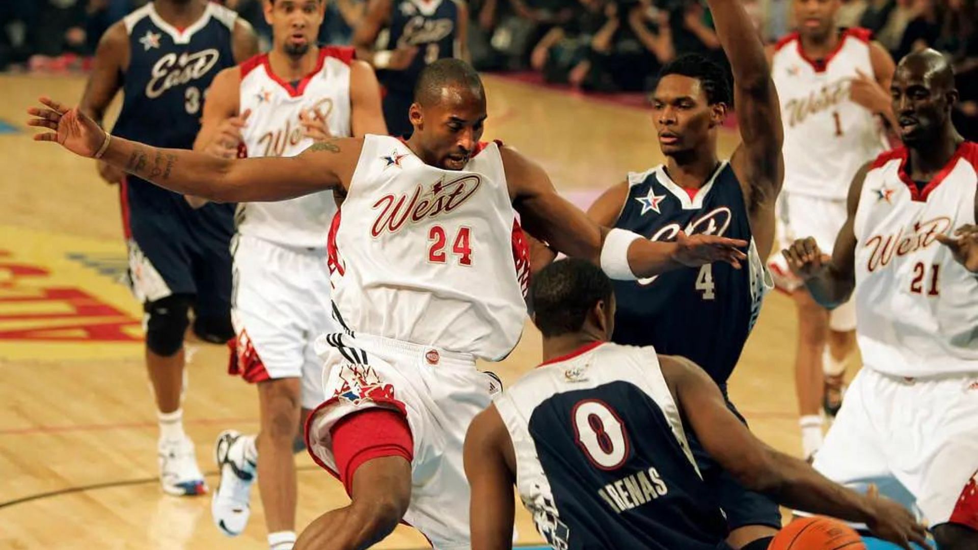 Kobe Bryant blocks Gilbert Arenas at the 2007 NBA All-Star Game