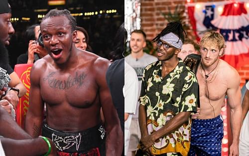 KSI (left) and KSI with Logan Paul during Sidemen Tinder (right) (Image credits Getty Images and @loganpaul on twitter)