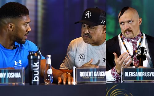 Anthony Joshua with Robert Garcia (left) and Oleksandr Usyk (right) (Image credits Getty Images)