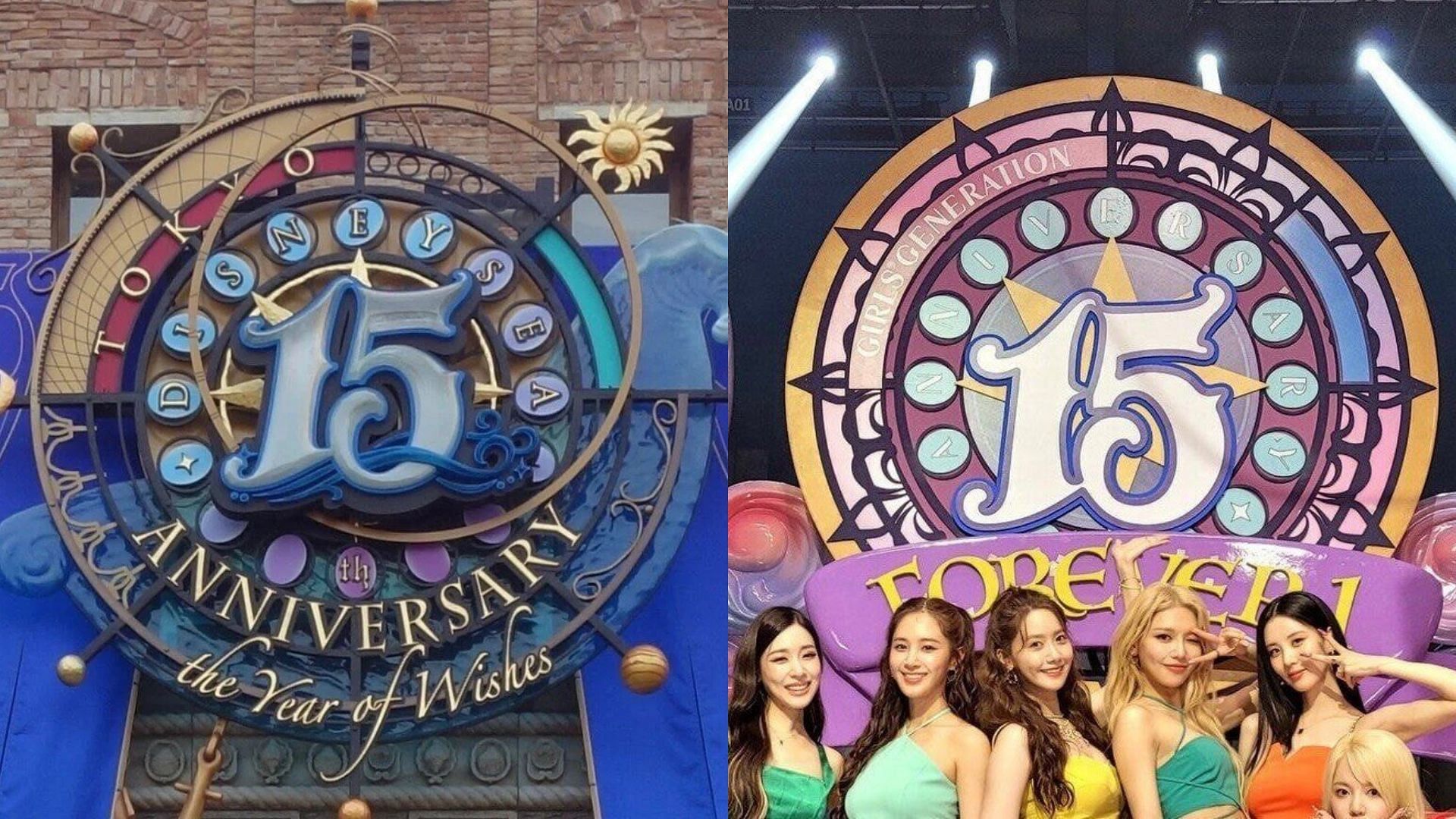 Left: Tokyo DisneySea 15th anniversary logo; Right: The music video set of GIrls&#039; Generation&#039;s FOREVER 1 (Images via theqoo)