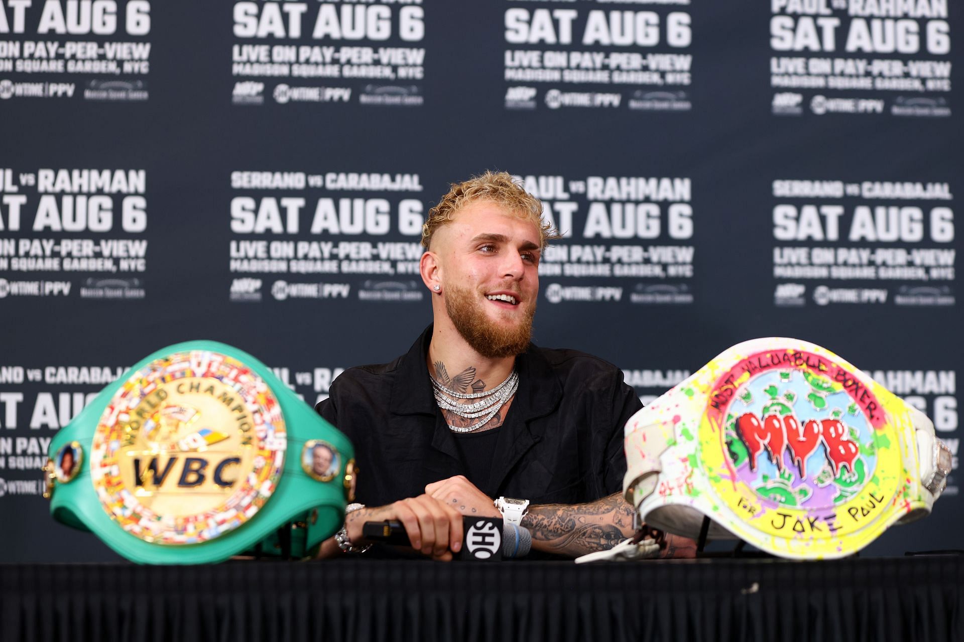 Jake Paul at the press conference for his bout against Hasim Rahman Jr.