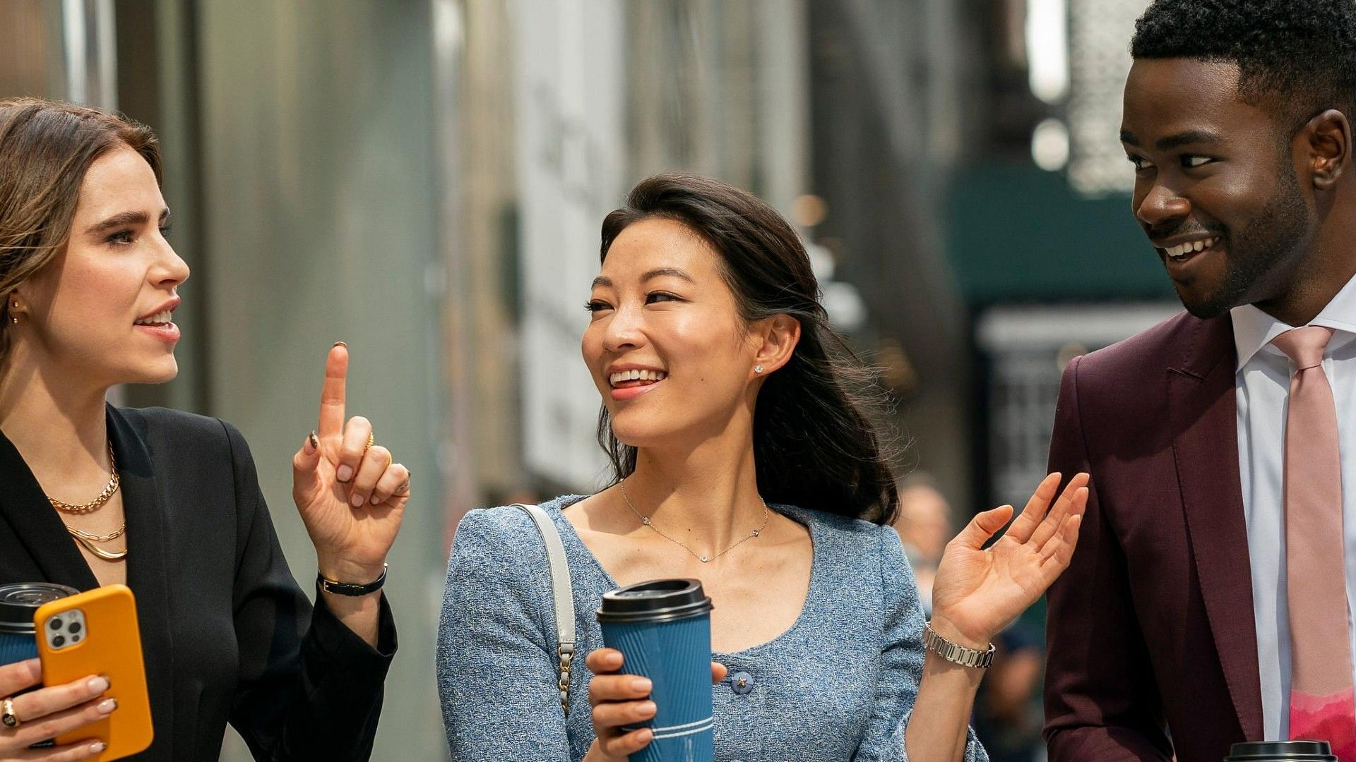 Alexandra Turshen, Arden Cho, and Bradley Gibson in &#039;Partner Track&#039; (Image via IMDb)