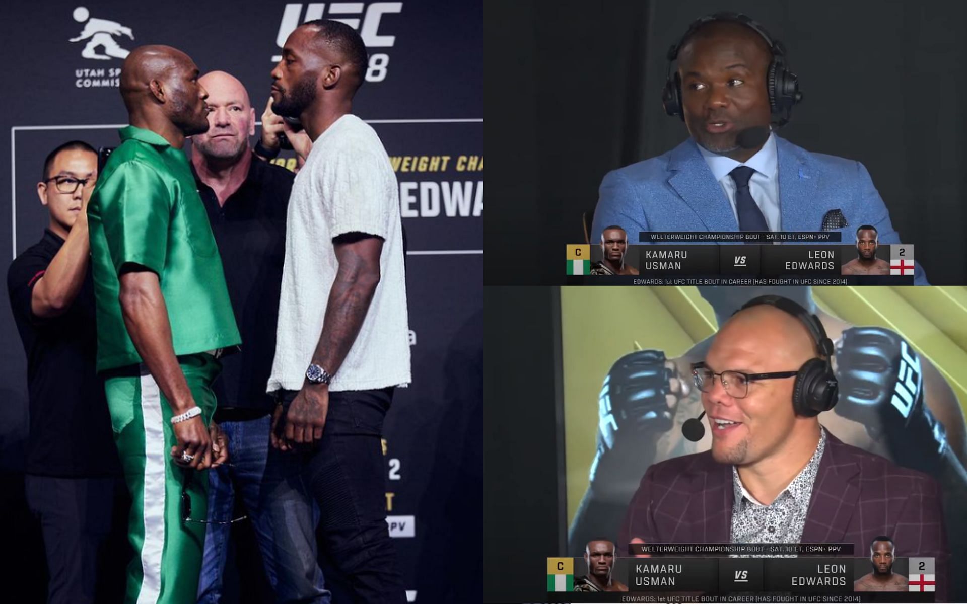 Usman vs. Edwards 2 face-off (left, image courtesy of @leonedwardsmma Instagram); Thomas and Smith (top and bottom right, images courtesy of ESPN MMA YouTube channel)