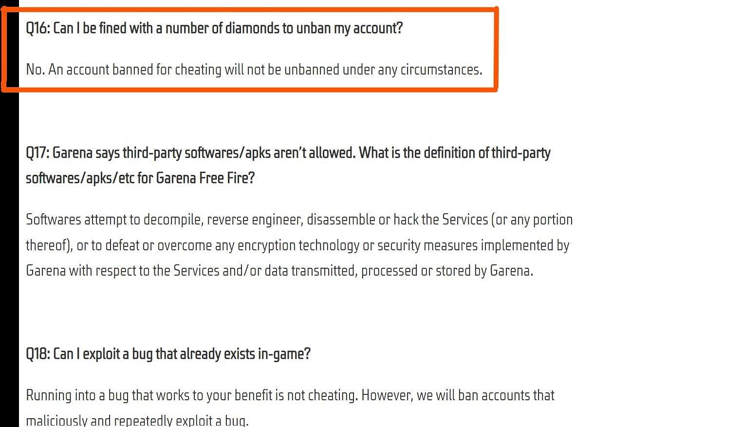 Garena&#039;s anti-hack policy specifically states that accounts cannot be unbanned (Image via Garena)