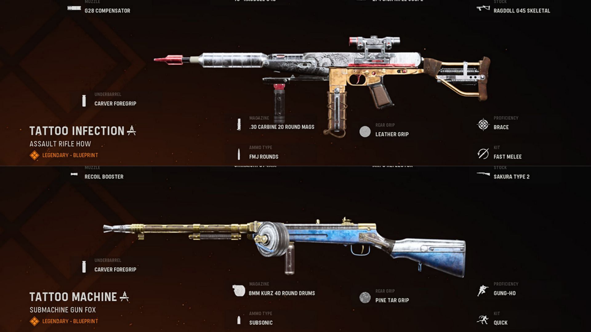 Some of the available blueprints for the Cooper Carbine and Type 100 (Image via Activision)