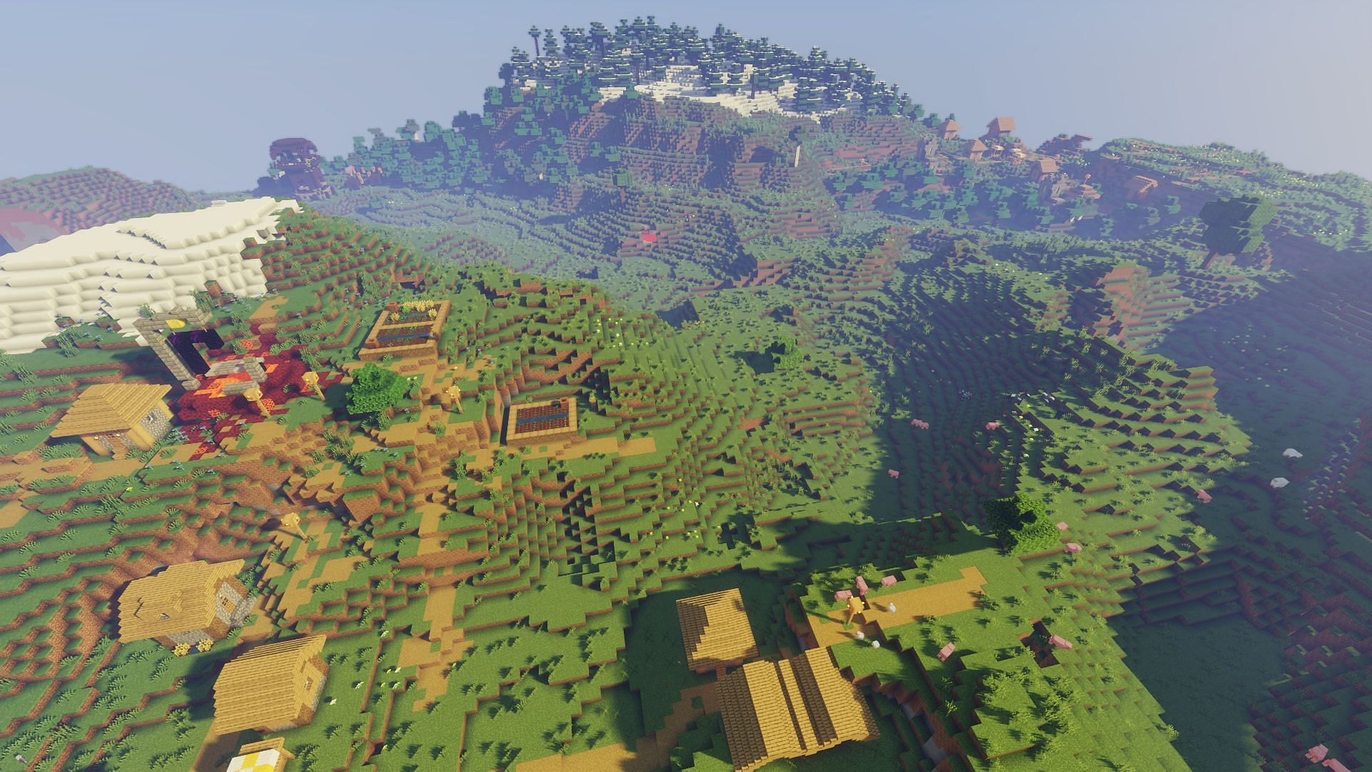 The double villages feature a ruined portal, and a pillager outpost (Image via Minecraft)