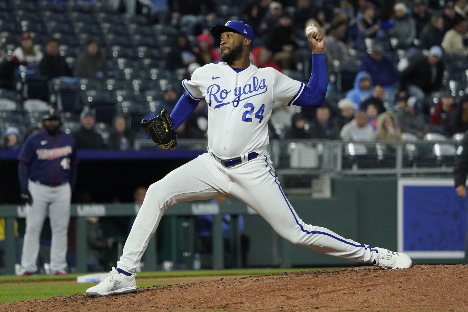 Amir Garrett pitches during a Minnesota Twins v Kansas City Royals game.