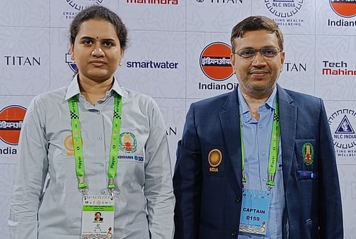 Indian women's A team star GM Koneru Humpy with captain GM Abhijit Kunte in Chennai on Wednesday. (Pic credit: FIDE/Lennart Ootes & Stev Bonhage)