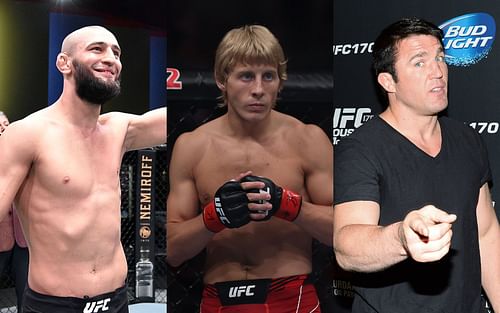 Khamzat Chimaev, Paddy Pimblett, and Chael Sonnen (left, center, and right)