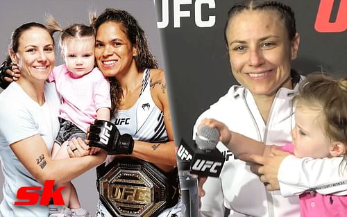 Nina Nunes with Raegan and Amanda Nunes (L), Nina Nunes with Raegan (R) [via @ninansaroff on Instagram and @MMAFighting on Twitter]