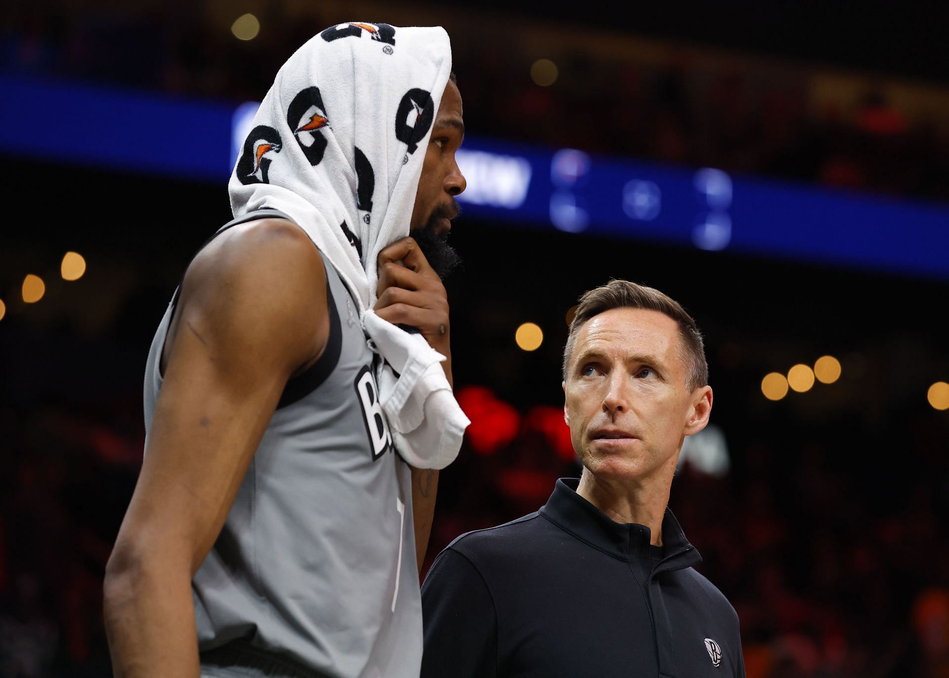 Kevin Durant and Steve Nash talk during Brooklyn Nets v Atlanta Hawks.