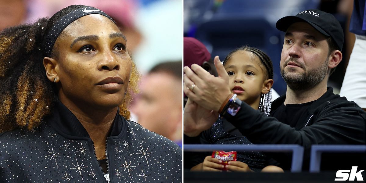 Alexis Ohanian and daughter Olympia cheer on wife Serena Williams during her first round US Open match.