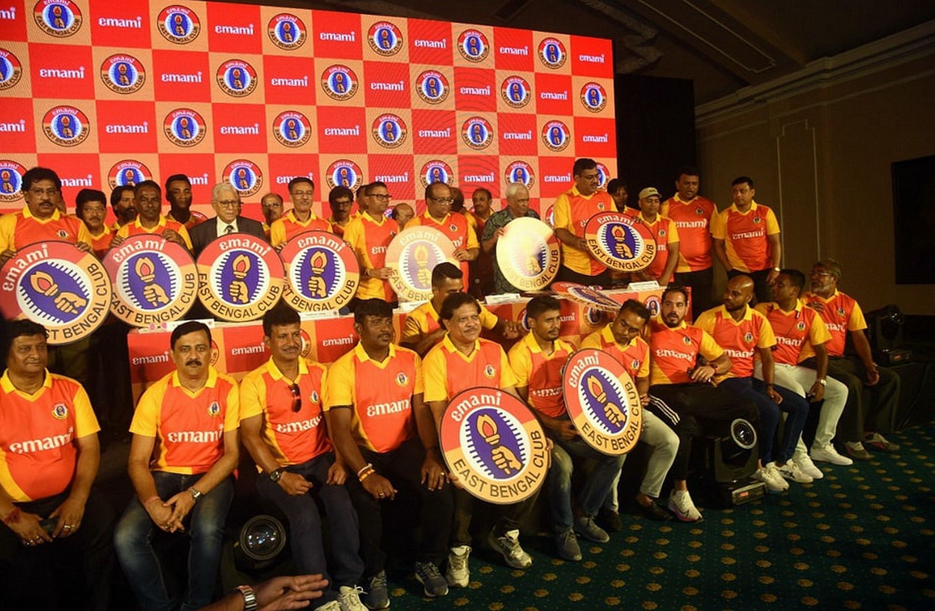 Emami representatives, East Bengal officials and former East Bengal players unveil the Emami East Bengal logo. Image: East Bengal Club