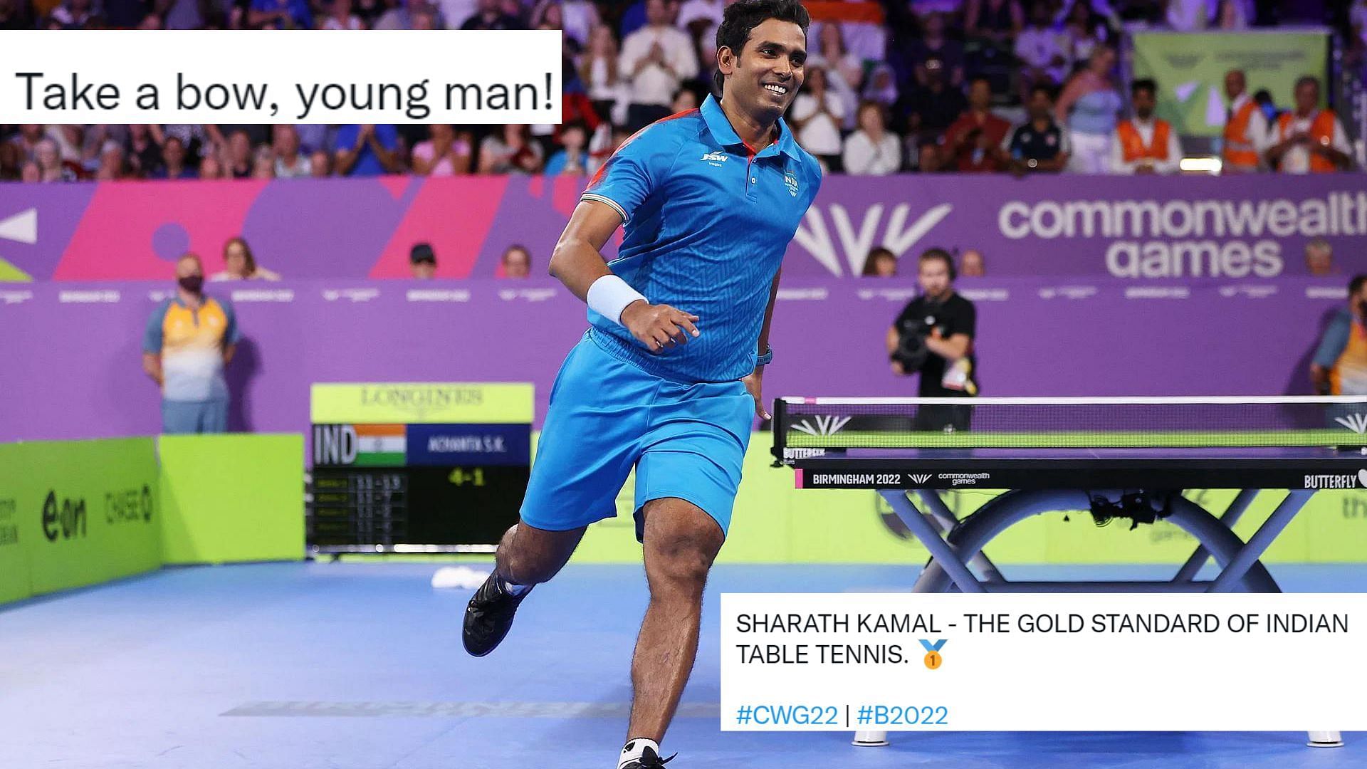 Sharath Kamal Achanta of Team India celebrates victory during the Table Tennis Men&#039;s Singles Gold Medal match
