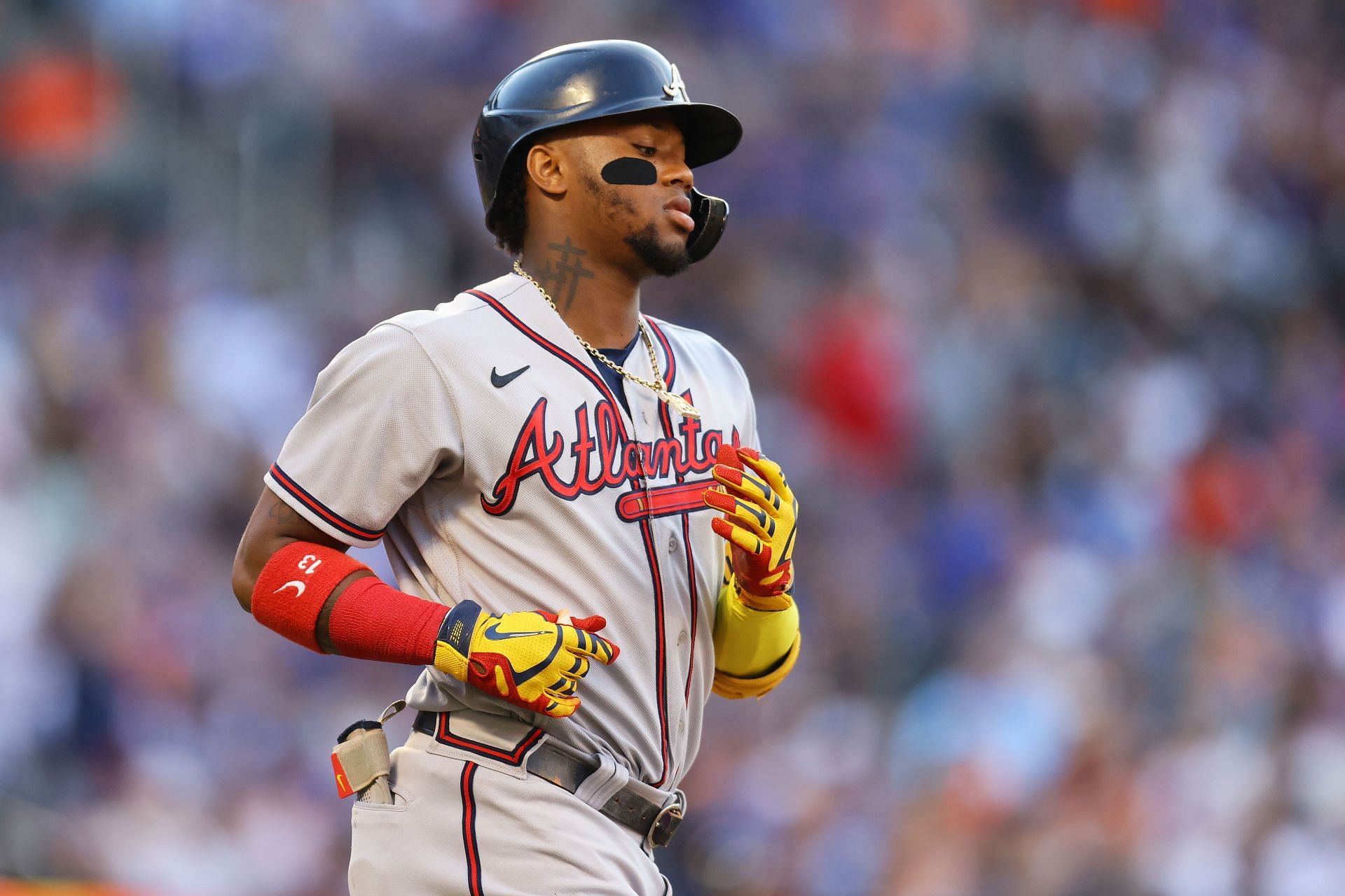 Ronald Acuna of the Braves runs the bases in a game versus the New York Mets.