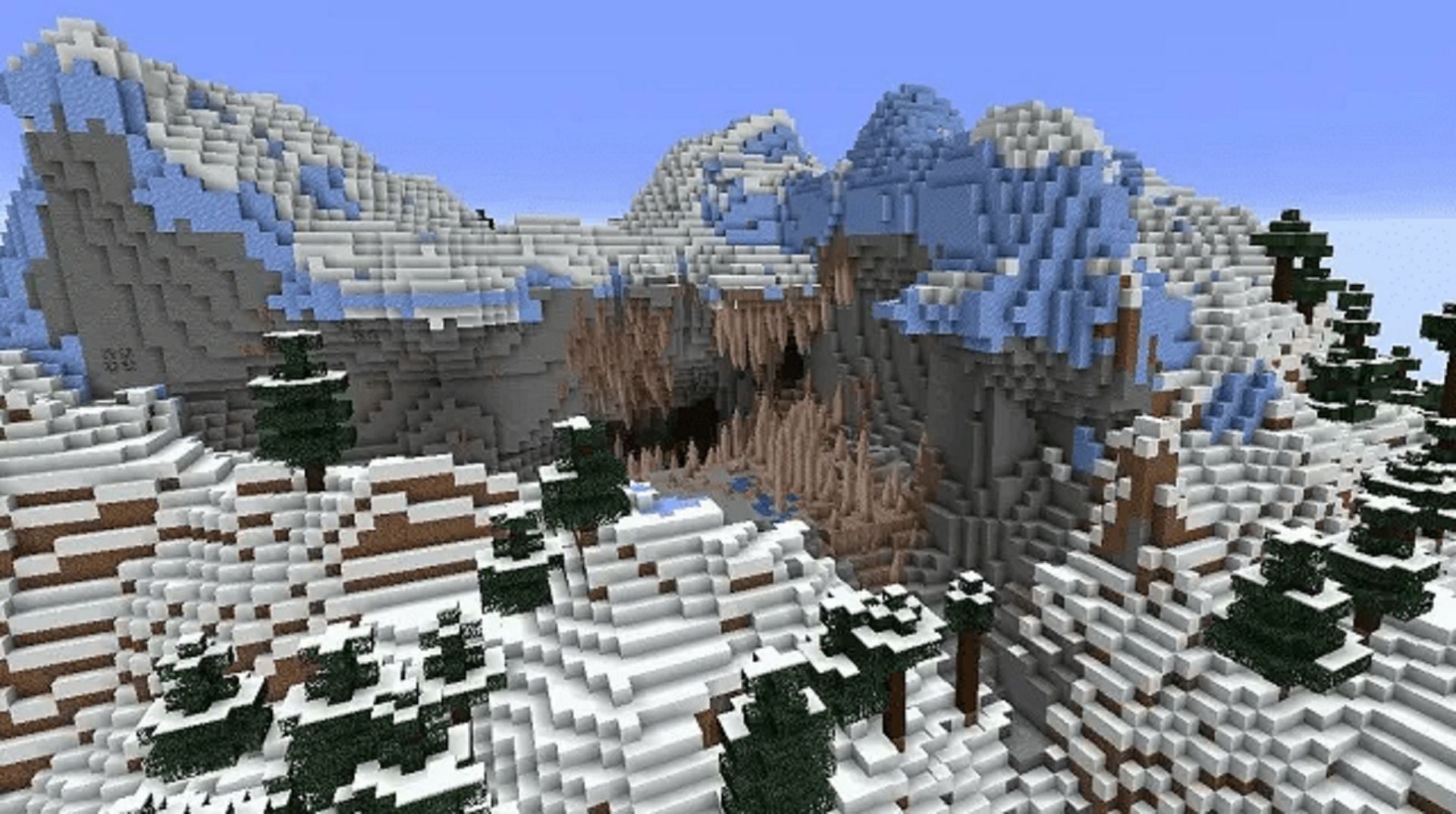 A dripstone cave rests at this mountain&#039;s peak (Image via Mojang)