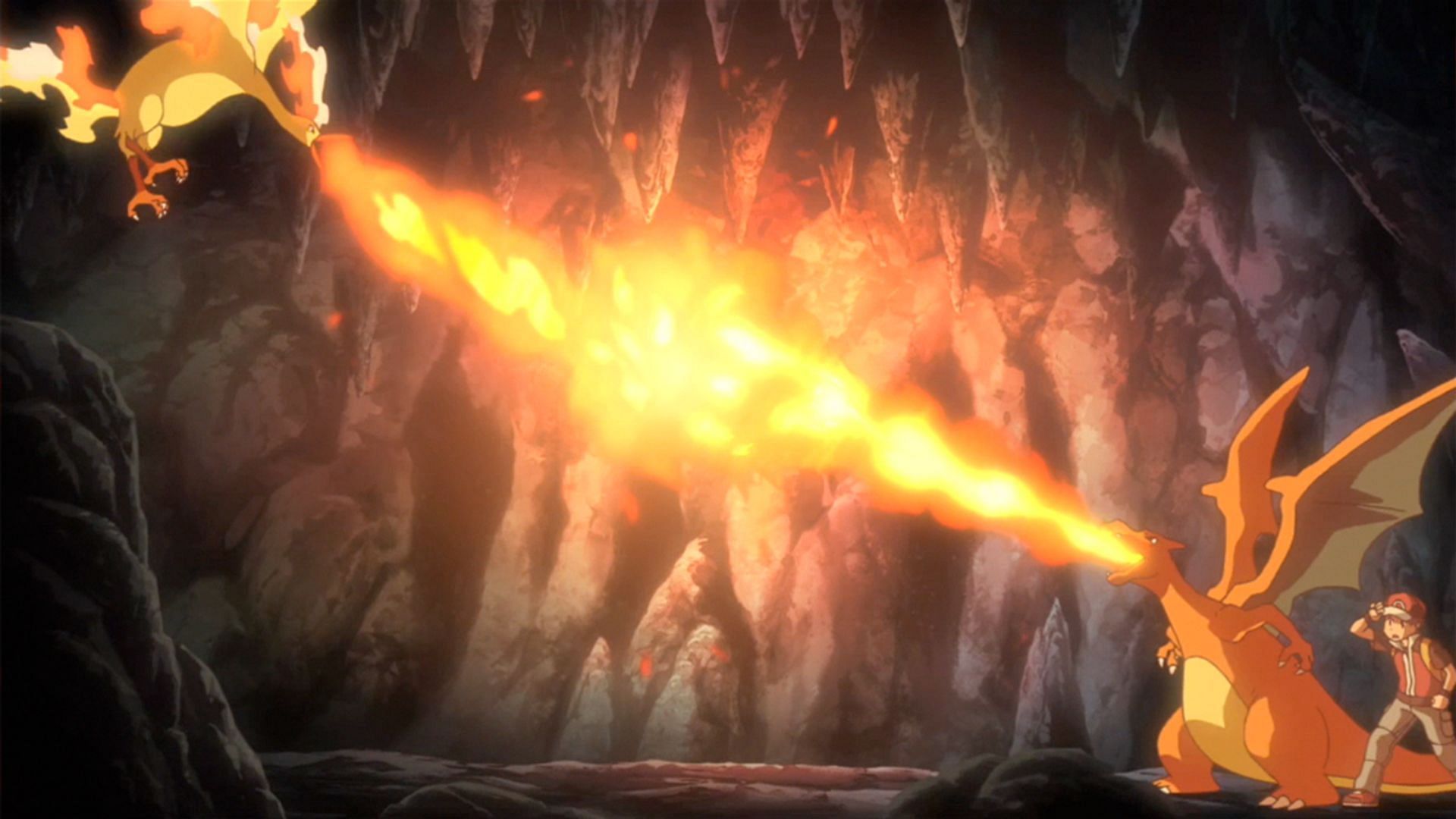 Red&#039;s Charizard and Moltres colliding Flamethrowers as seen in the Origins special (Image via The Pokemon Company)