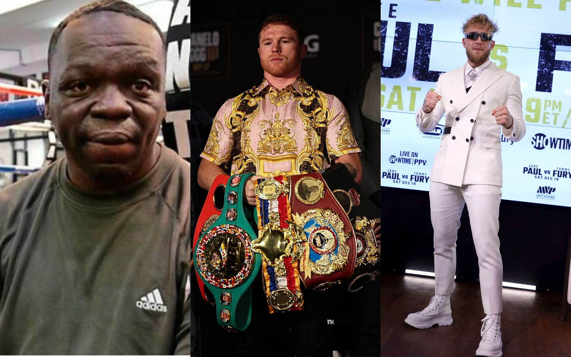 Jeff Mayweather (L), Canelo Alvarez (M), and Jake Paul (R) [ Images via Getty, and @BoxingScene on Twitter ]