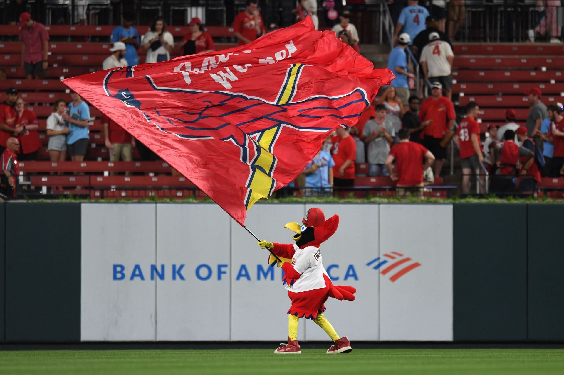 St. Louis Cardinals&#039; mascot Fredbird pumps up the Busch Stadium crowd.