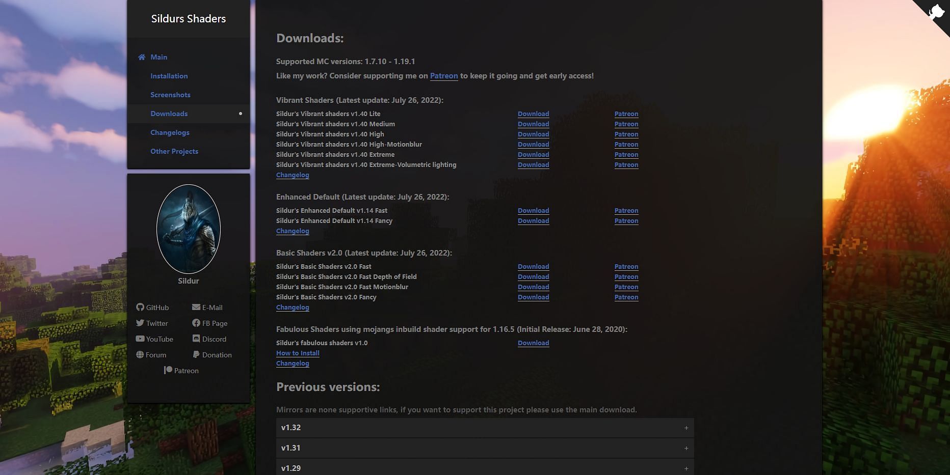 The list of versions of Sildur&#039;s available for download (Image via sildurs-shaders.github.io)