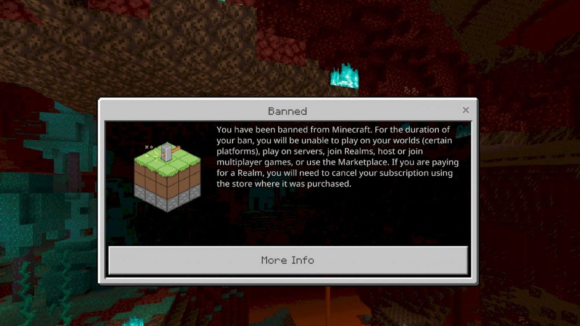 The permanent ban screen on Minecraft&#039;s main menu (Image via Mojang)
