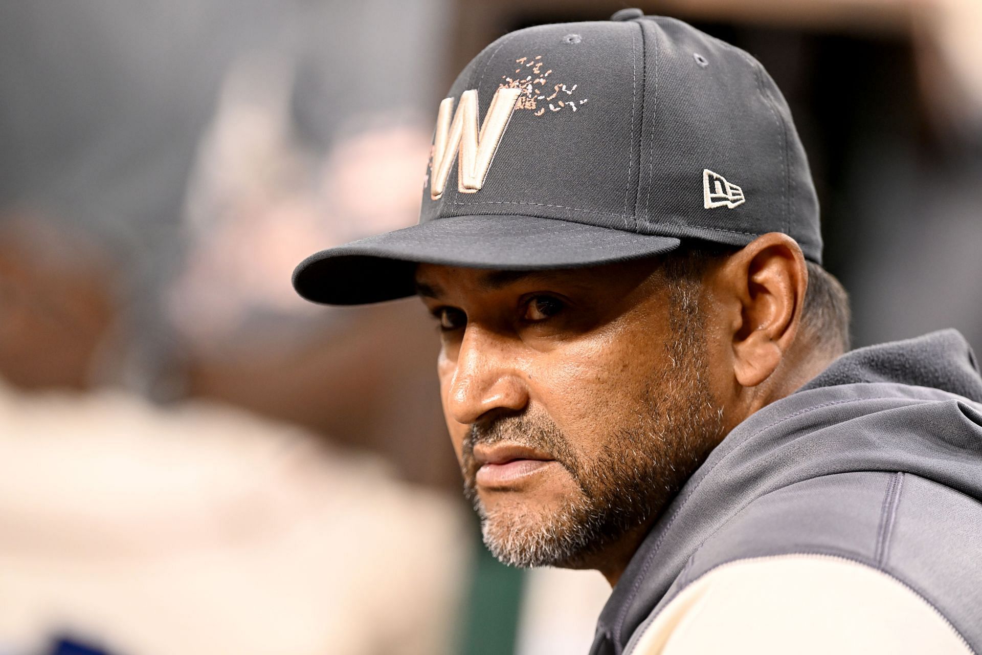 Manager Dave Martinez of the Washington Nationals watches the game in the seventh inning.