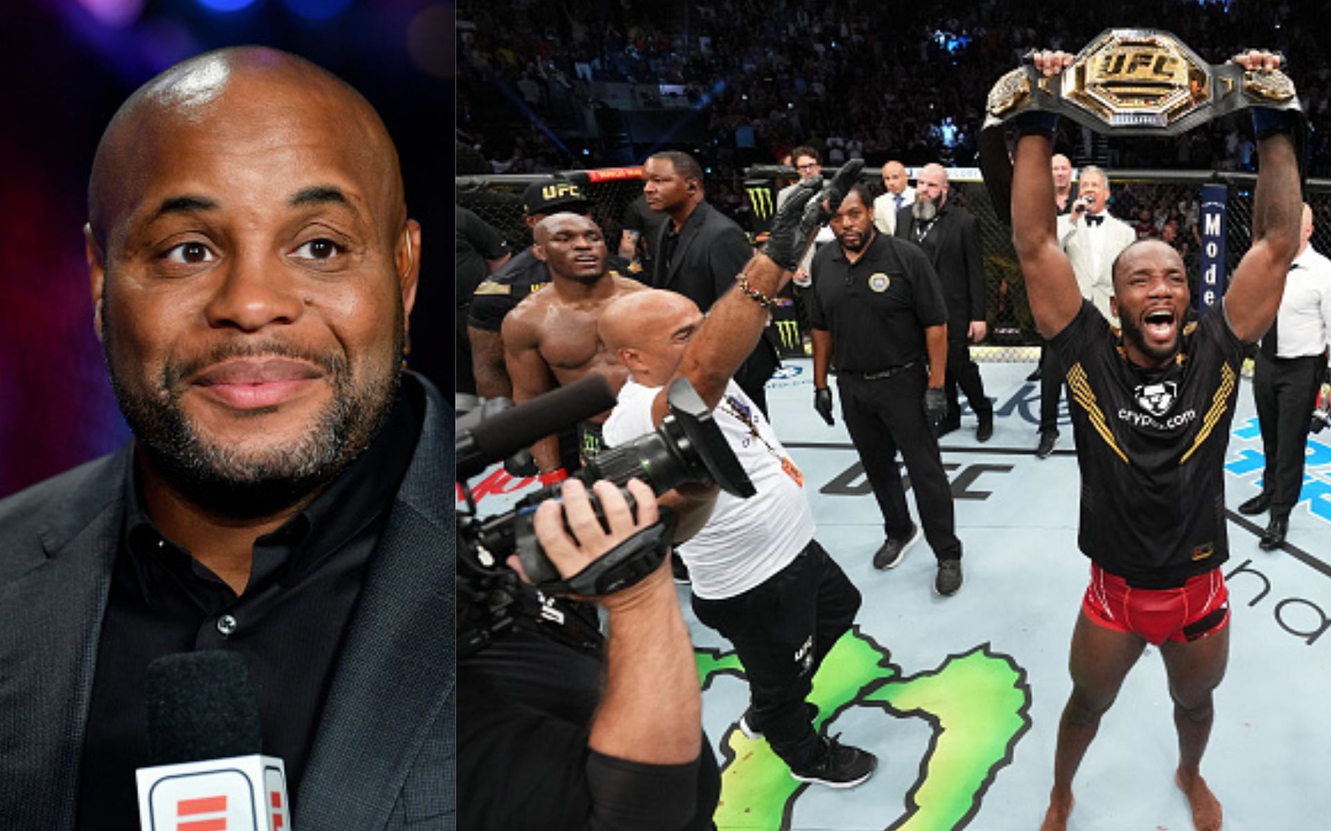 Daniel Cormier (left) and Leon Edwards celebrating after beating Kamaru Usman (right) [Images via Getty]