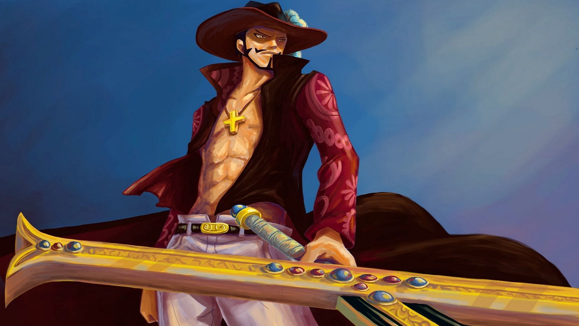Dracule Mihawk, the World&#039;s Stronest Swordsman, co-founder of the Cross Guild and a former member of the Seven Warlords of the Sea (Image via Eiichiro Oda/Shueisha, One Piece)
