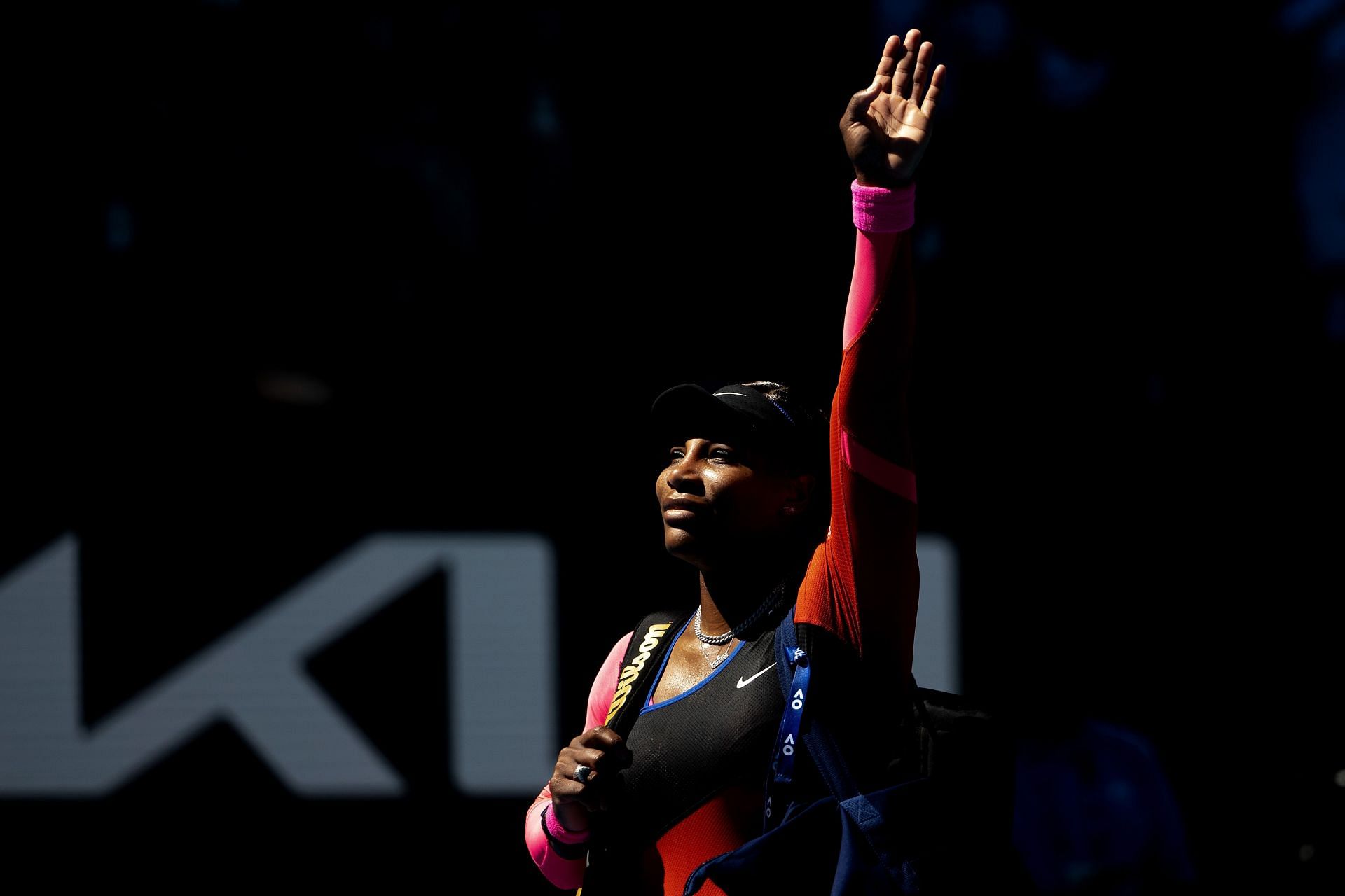 Serena Williams waves goodbye following her defeat to Naomi Osaka at the 2021 Australian Open