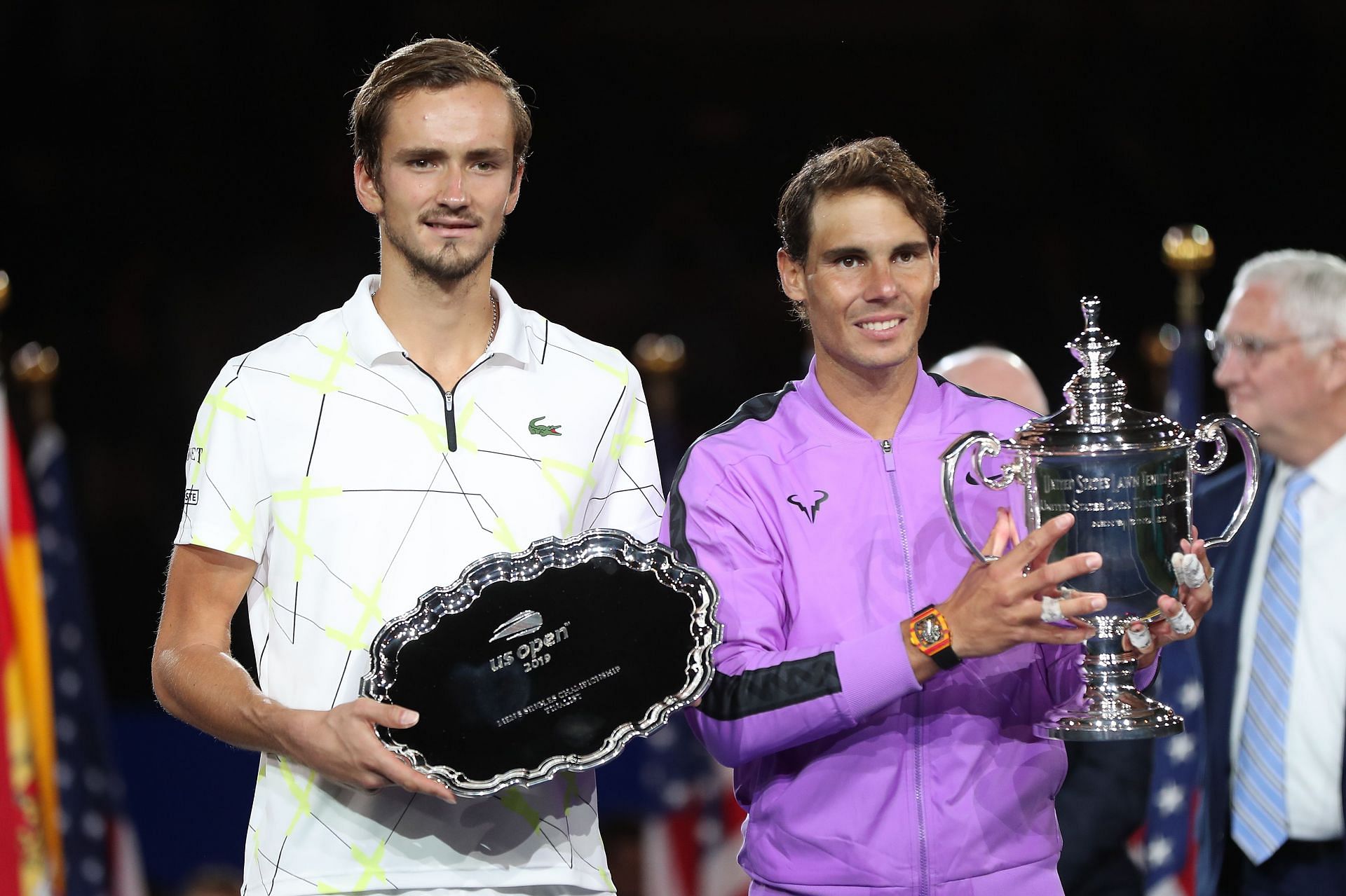 Medvedev (left) fell to Nadal in his first Major final at the US Open in 2019.