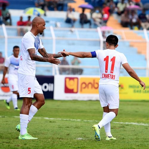 Bengaluru FC celebrate scoring against Jamshedpur FC. [Credits: BFC Twitter]