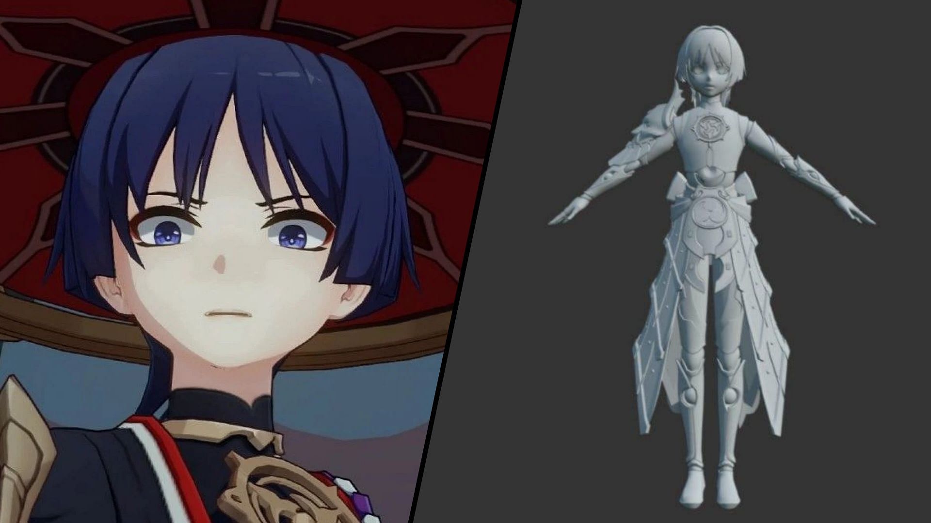 His regular in-game model, and his supposed boss model (Image via HoYoverse, r/Genshin_Impact_Leaks)