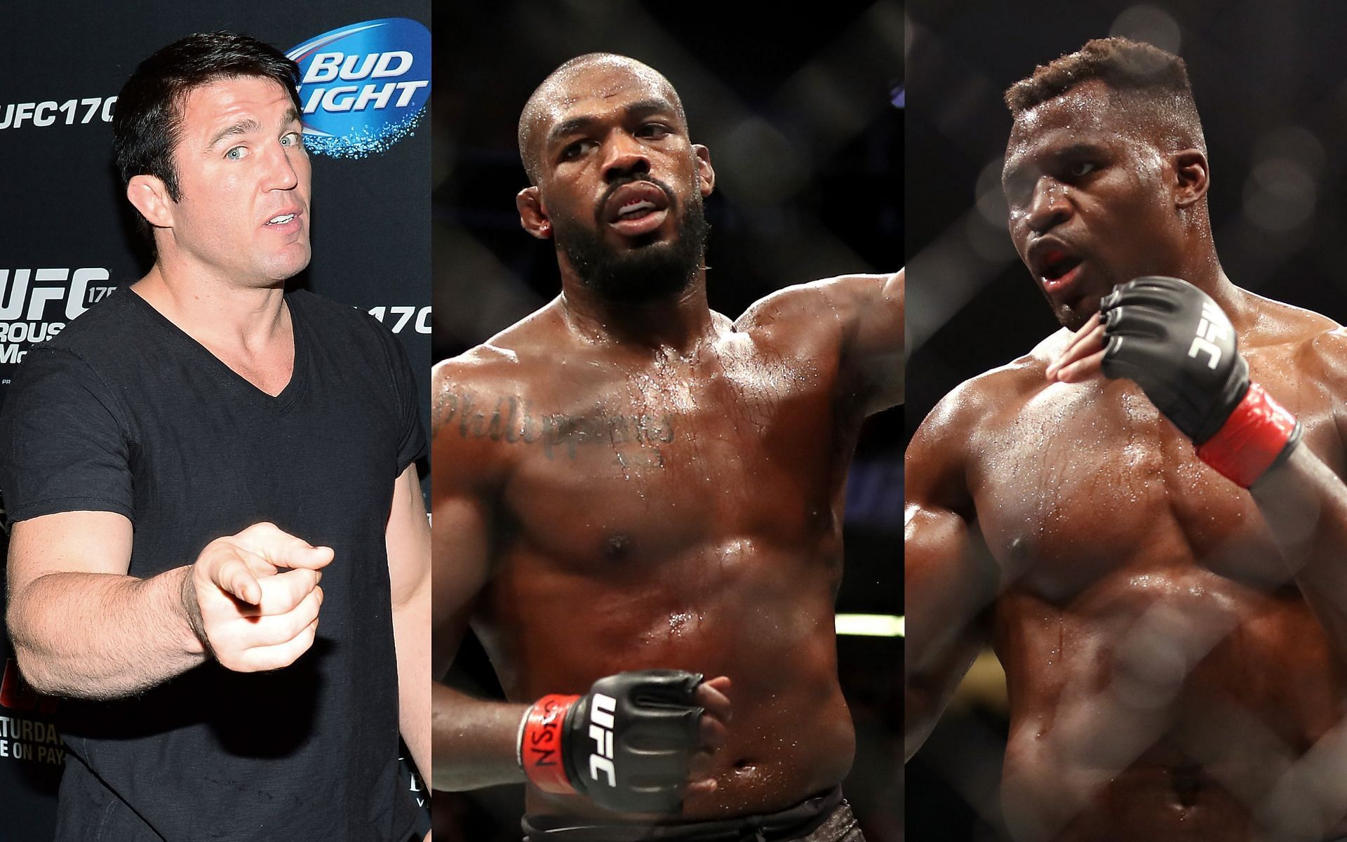 Chael Sonnen (left), Jon Jones (center), Francis Ngannou (right)