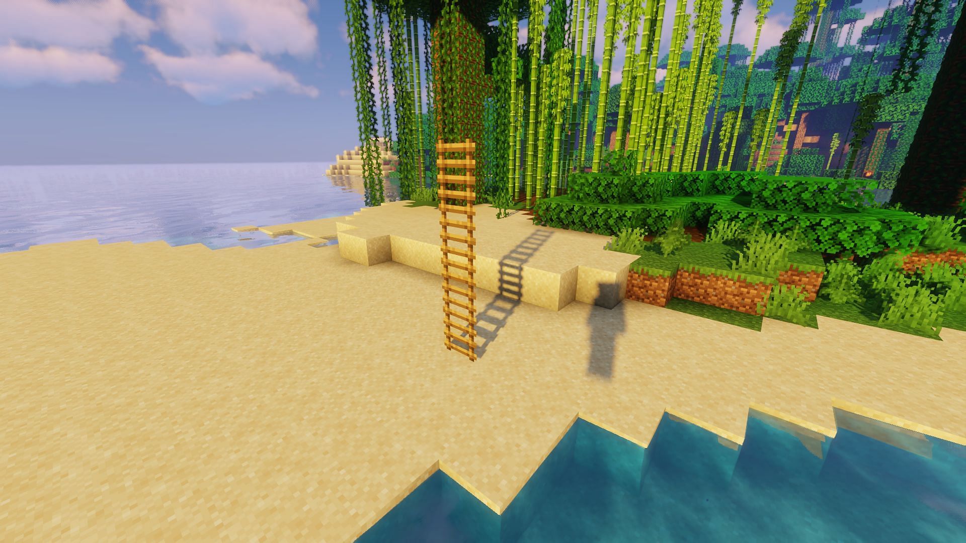 An example of ladders hanging with no backing blocks (Image via Minecraft)