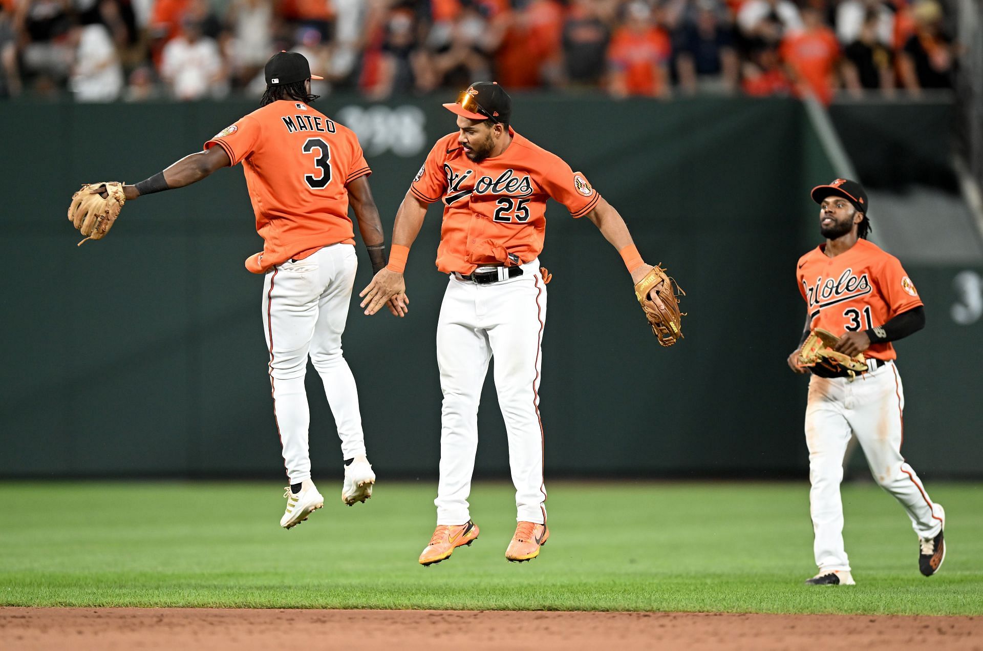 Jorge Mateo and Anthony Santander of the Baltimore Orioles celebrate after a victory over the Pittsburgh Pirates.