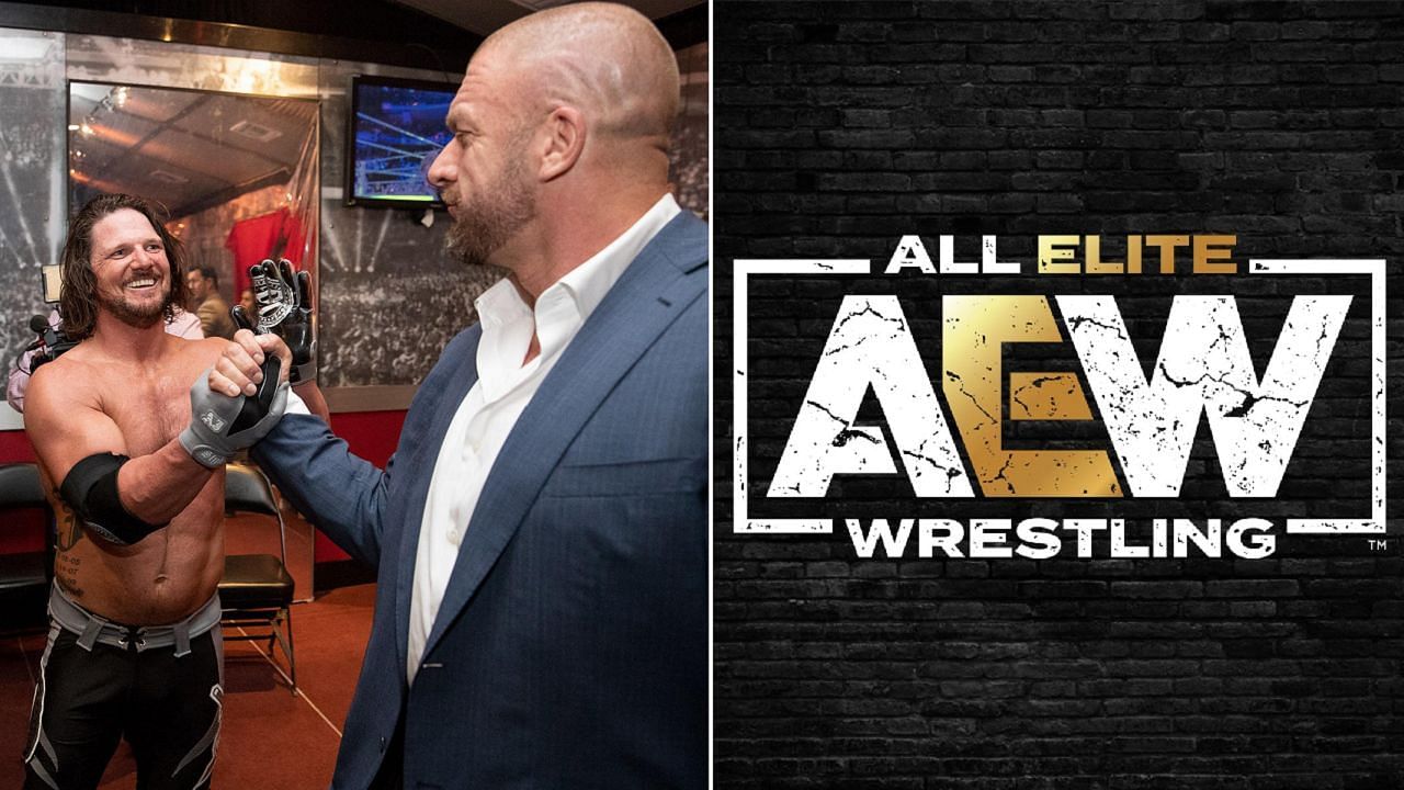 AJ Styles with WWE&#039;s head of creative Triple H (left); the AEW logo (right)