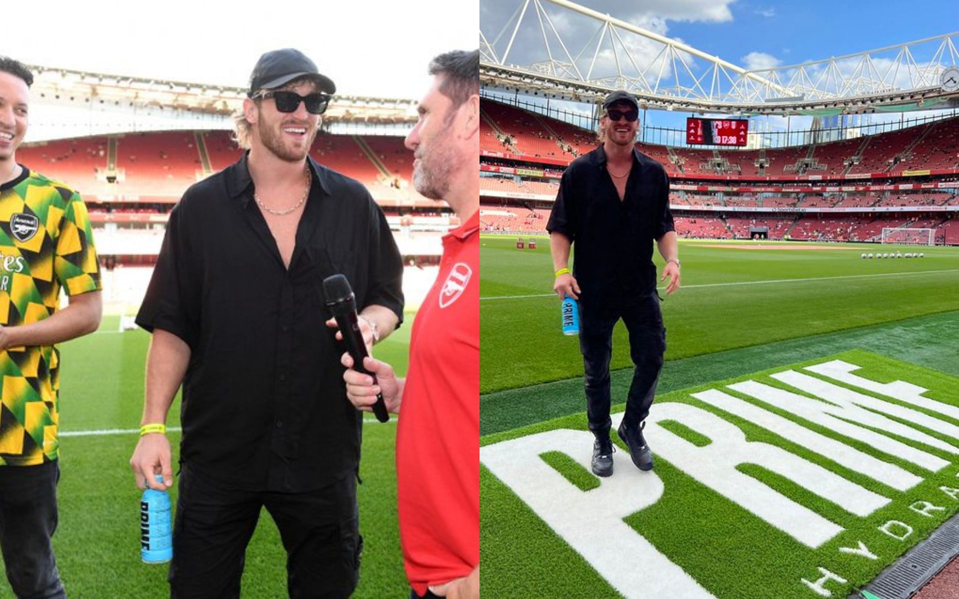 Logan Paul getting interviewed at the Emirates Stadium (left) and Logan Paul standing next to the Prime logo at the Emirates (right) (Image credits @loganpaul and @arsenal on Twitter)