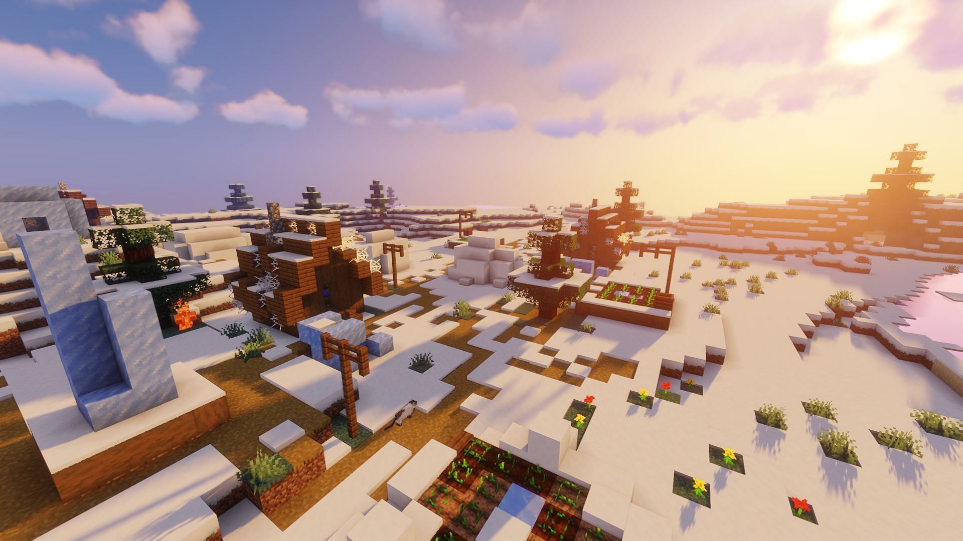 The frozen zombie village players can find nearby spawn (Image via Minecraft)