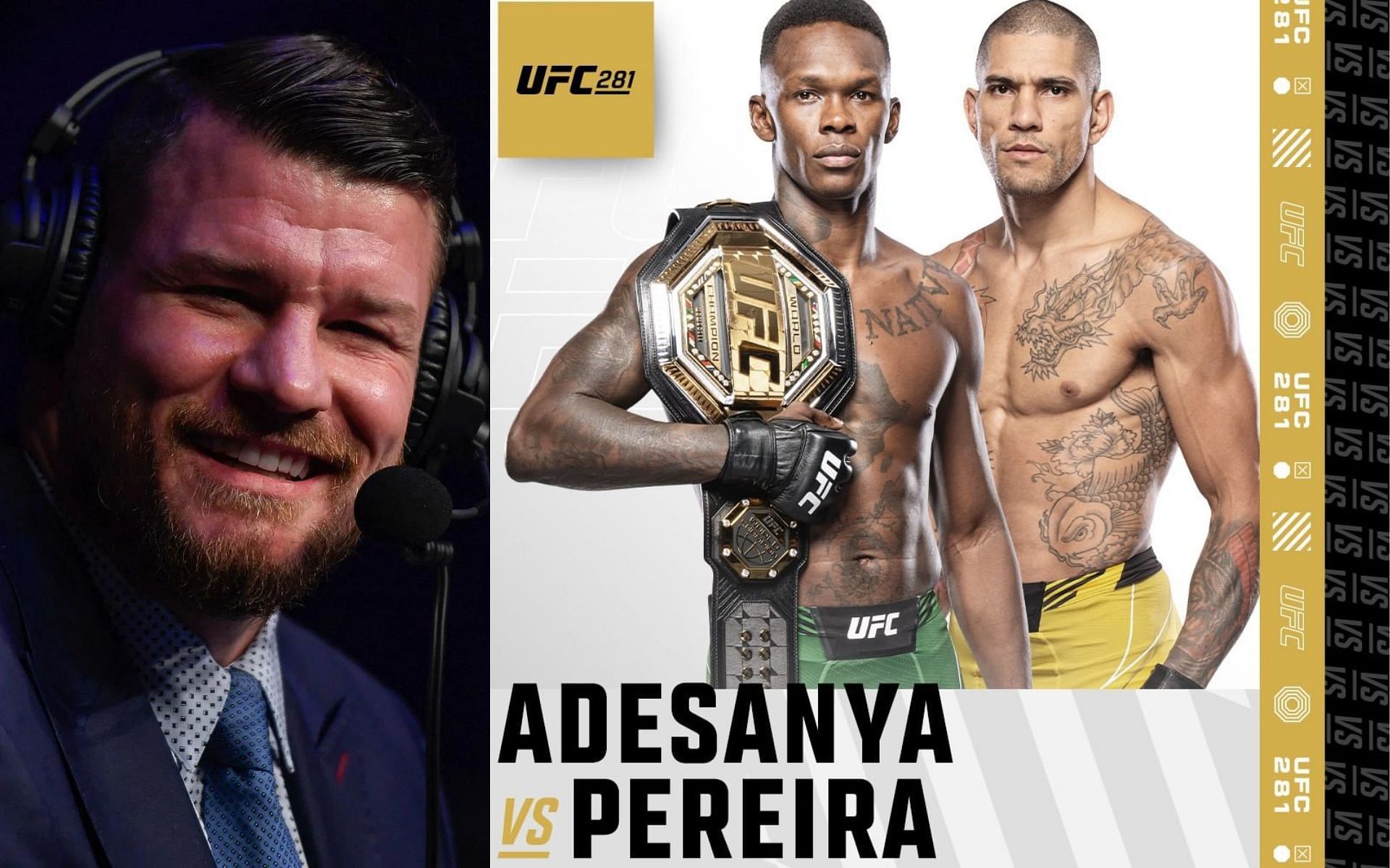 Michael Bisping (Left) and Israel Adesanya vs. Alex Pereira poster (Right) (Images courtesy of Getty and @ufc Instagram)