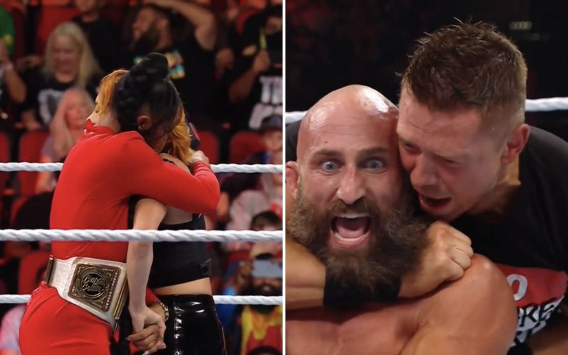 A big embrace (left); Ciampa and The Miz (right)